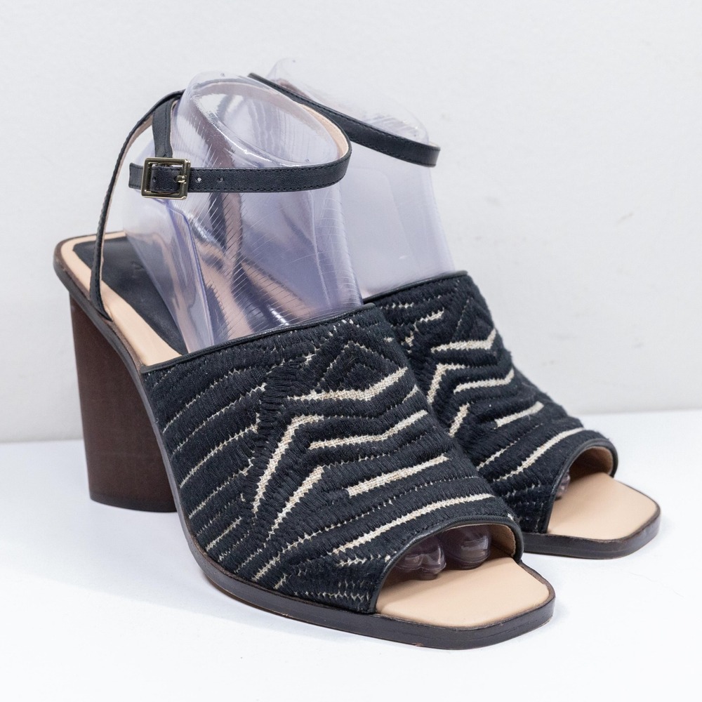 A.D. & DAUGHTERS Woven Chevron Leather Block Heel Square Toe Sandal Black Sz 9.5